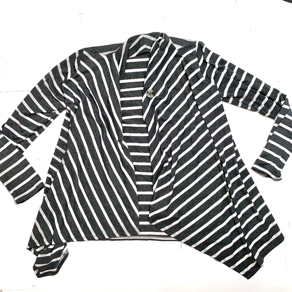 AB Studio Sweaters - Grey and White Striped Cardigan w/ Button